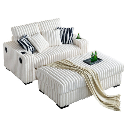 Beige Corduroy Loveseat Sofa with Ottoman and Bluetooth Speaker