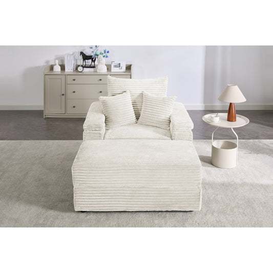 Beige Corduroy Single Sofa with Ottoman and Storage Armrest
