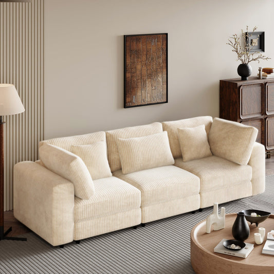 Beige Corduroy Upholstered 3-seater Sofa with Removable Cushions