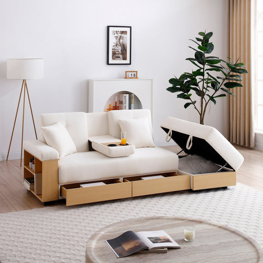 Beige Cotton Linen Convertible Sleeper Sofa with Storage