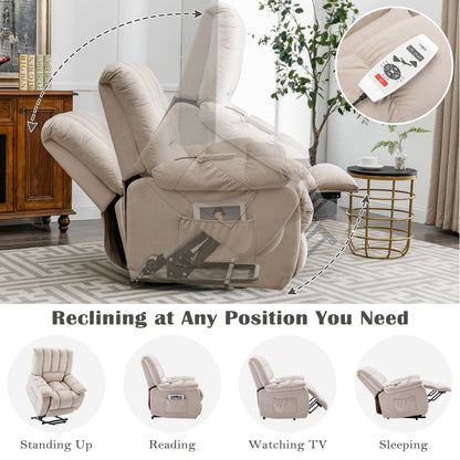 Beige Electric Power Lift Recliner with Heating, Massage, and Storage Pocket for Living Room/Bedroom Use