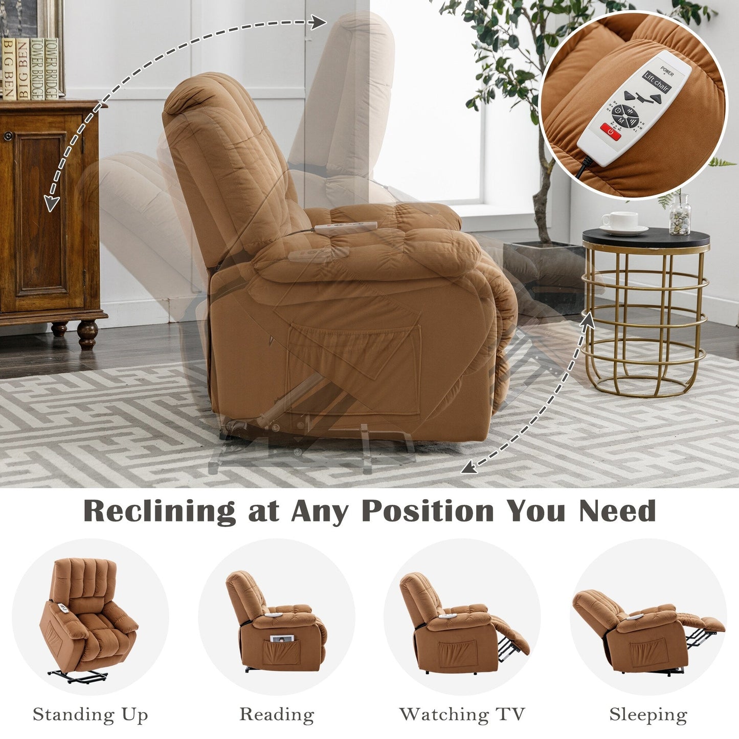 Beige Electric Power Lift Recliner with Heating, Massage, and Storage Pocket for Living Room/Bedroom Use