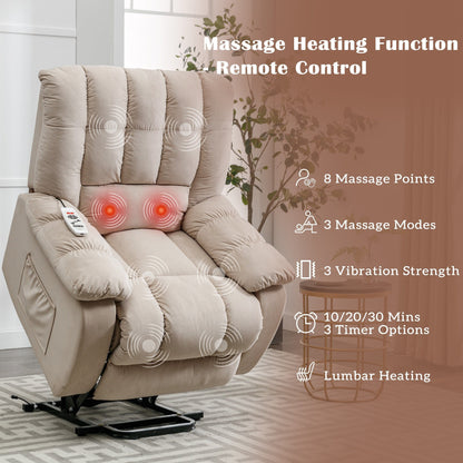 Beige Electric Power Lift Recliner with Heating, Massage, and Storage Pocket for Living Room/Bedroom Use