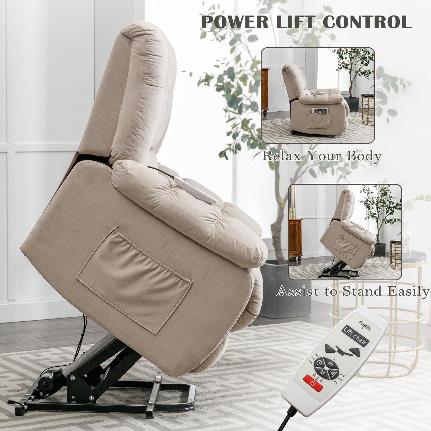 Beige Electric Power Lift Recliner with Heating, Massage, and Storage Pocket for Living Room/Bedroom Use