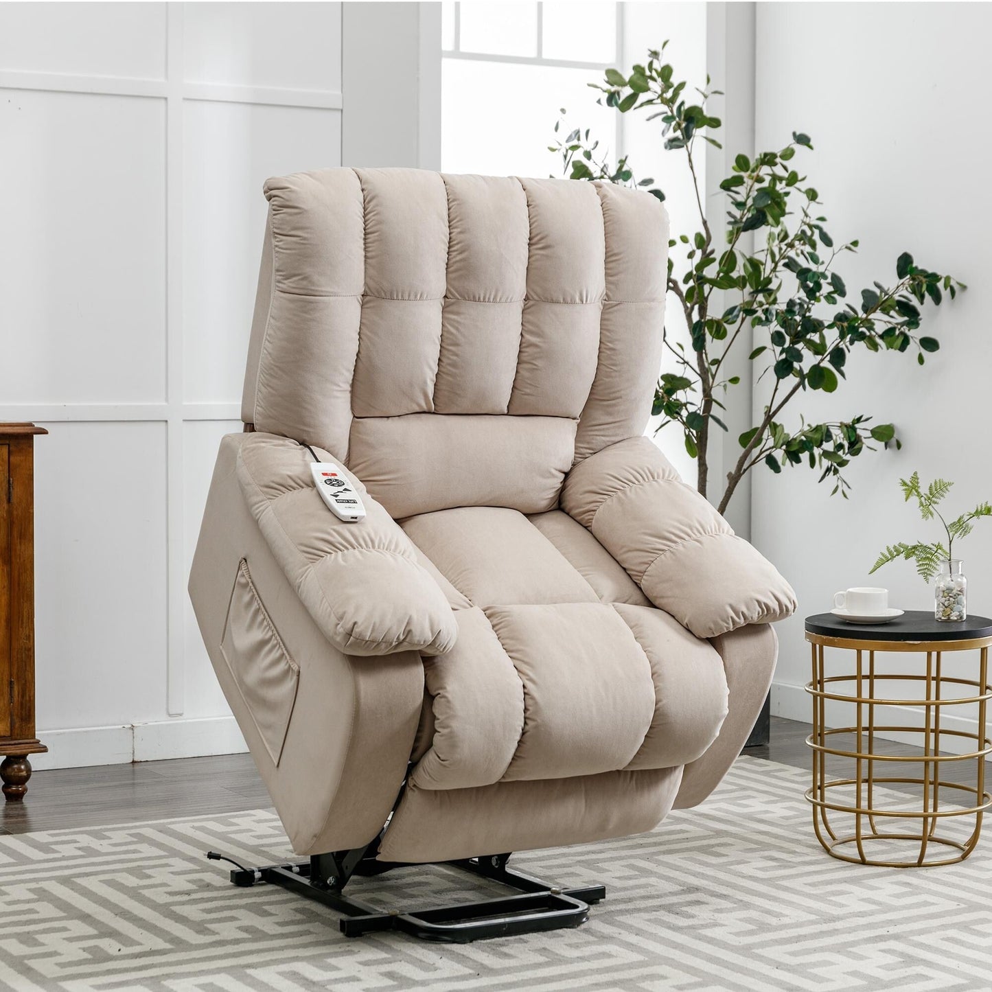 Beige Electric Power Lift Recliner with Heating, Massage, and Storage Pocket for Living Room/Bedroom Use