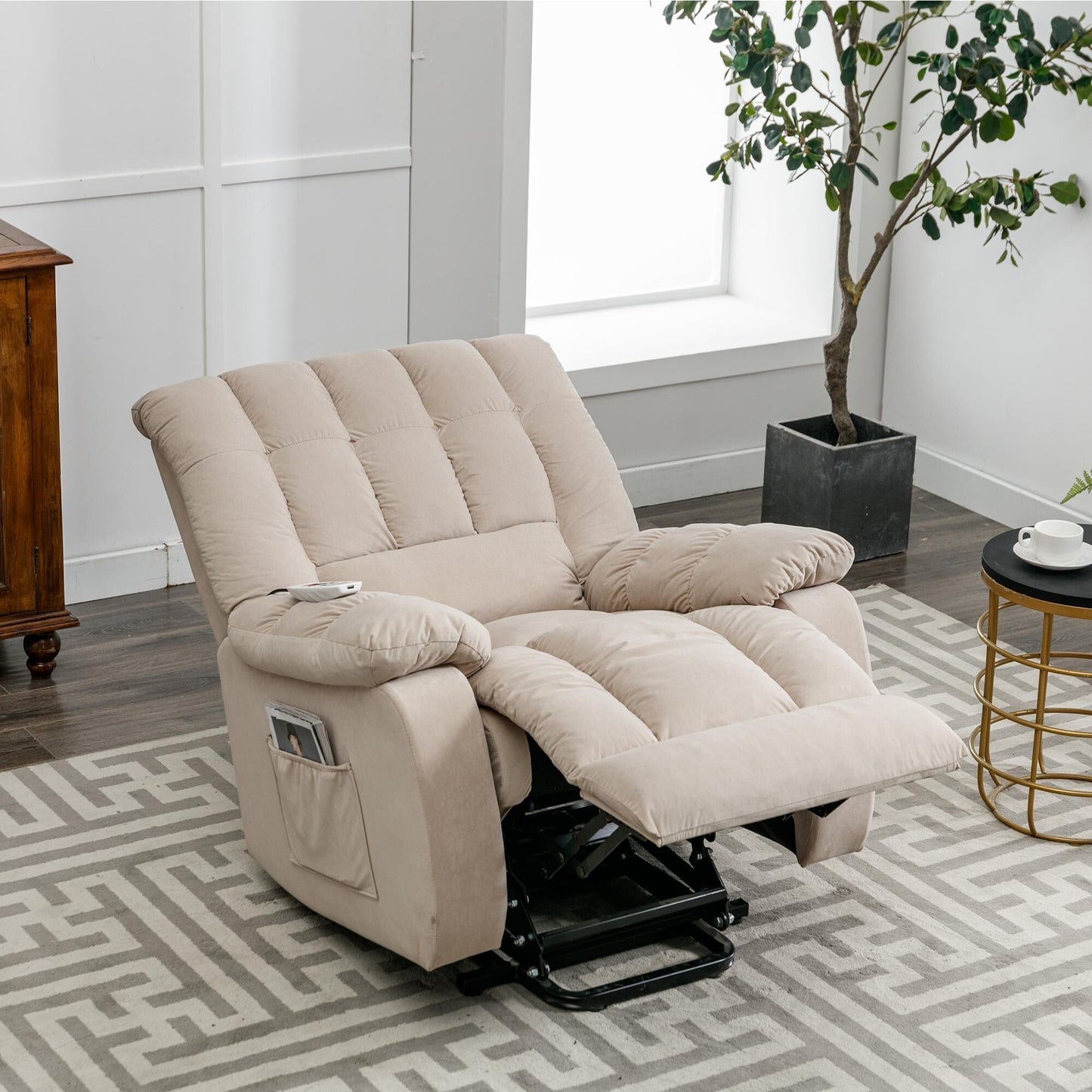 Beige Electric Power Lift Recliner with Heating, Massage, and Storage Pocket for Living Room/Bedroom Use