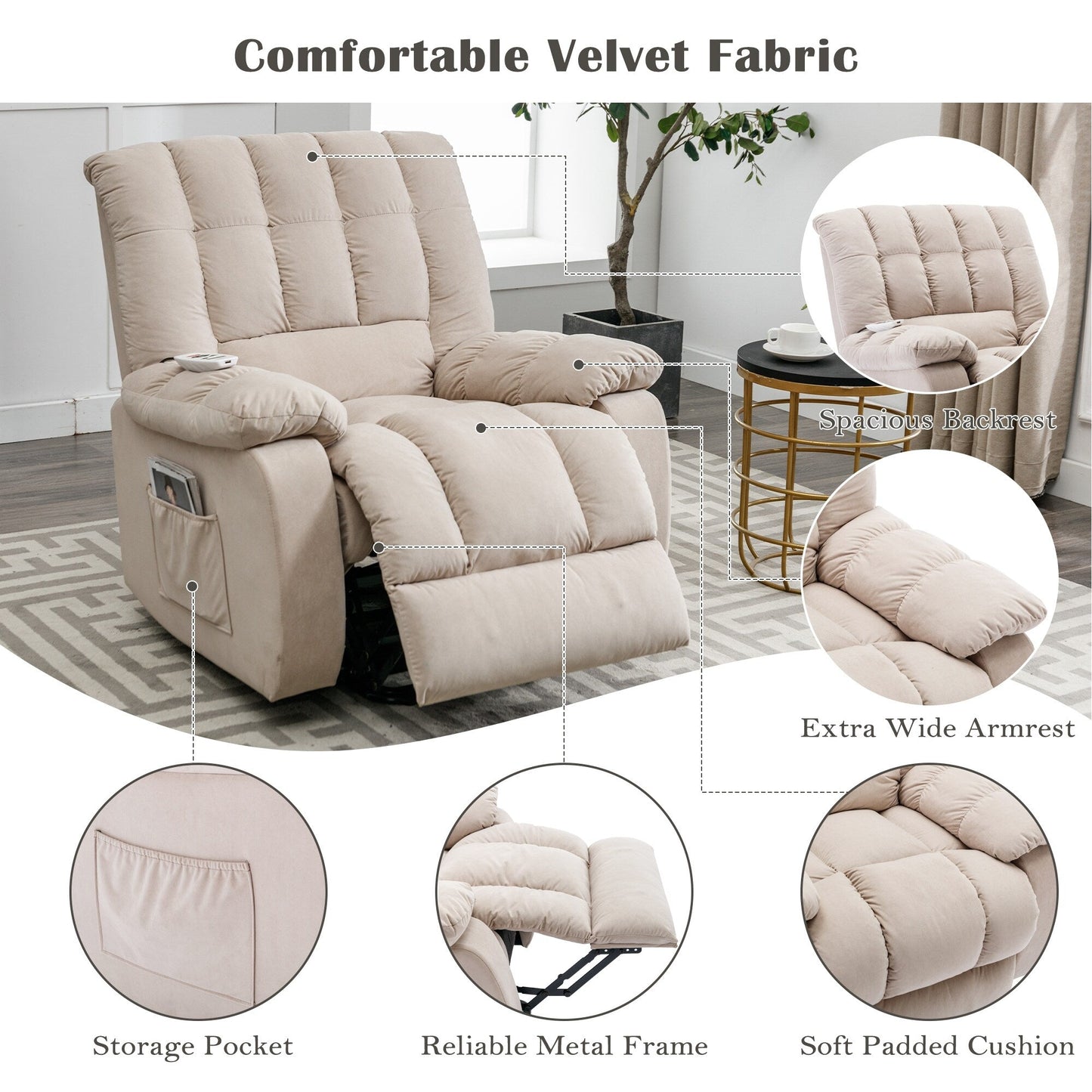 Beige Electric Power Lift Recliner with Heating, Massage, and Storage Pocket for Living Room/Bedroom Use