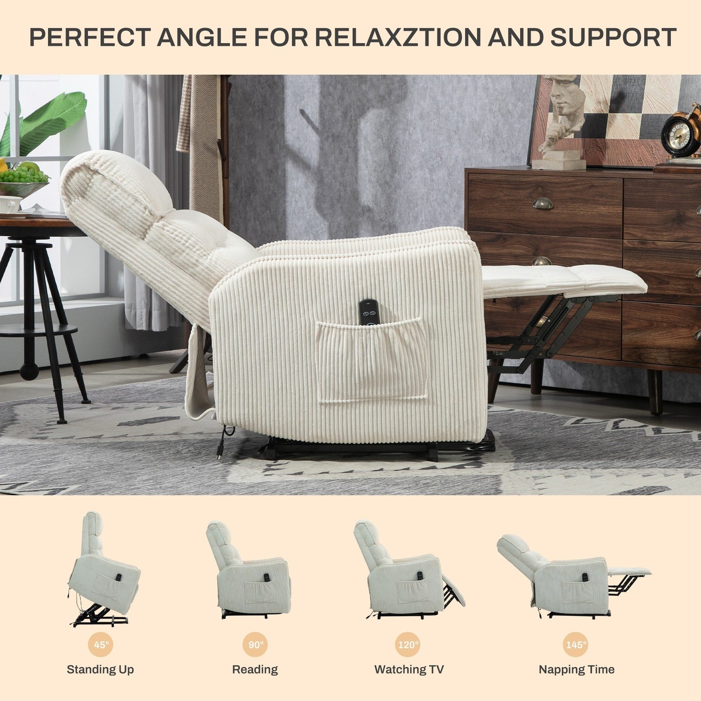 Beige Electric Power Recliner Chair with Side Pocket, Pocket Springs, Plush Seat Cushion for Living Room, Bedroom