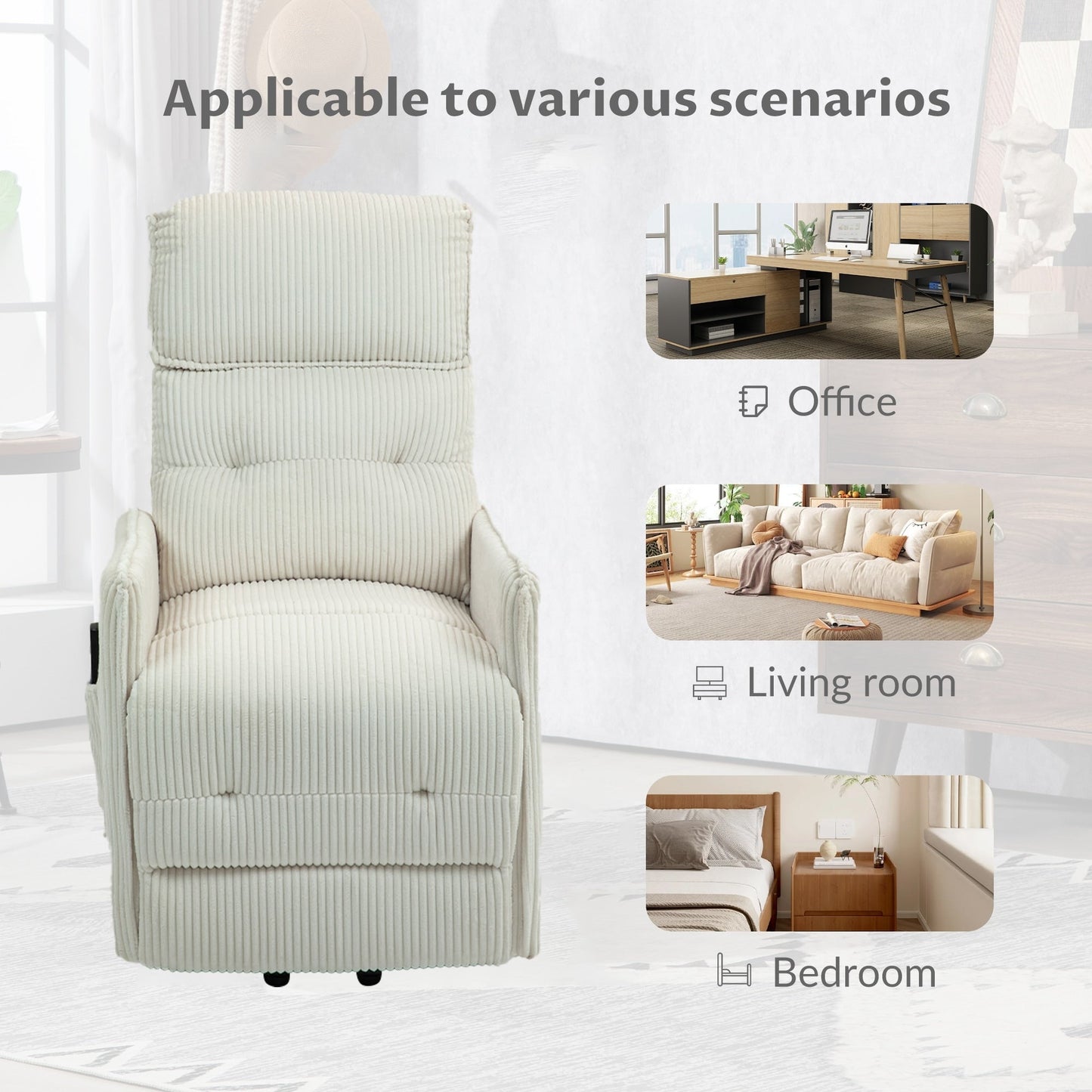 Beige Electric Power Recliner Chair with Side Pocket, Pocket Springs, Plush Seat Cushion for Living Room, Bedroom