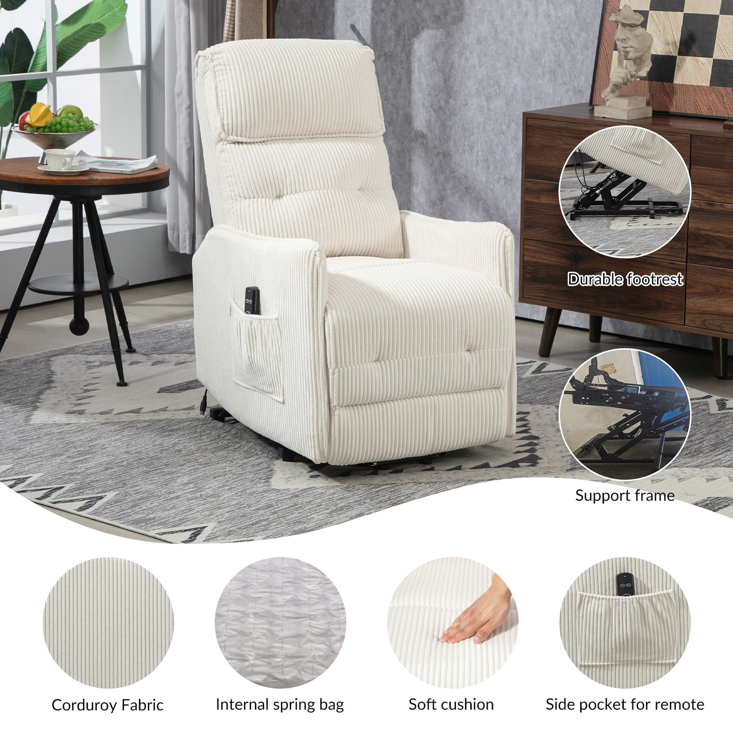 Beige Electric Power Recliner Chair with Side Pocket, Pocket Springs, Plush Seat Cushion for Living Room, Bedroom