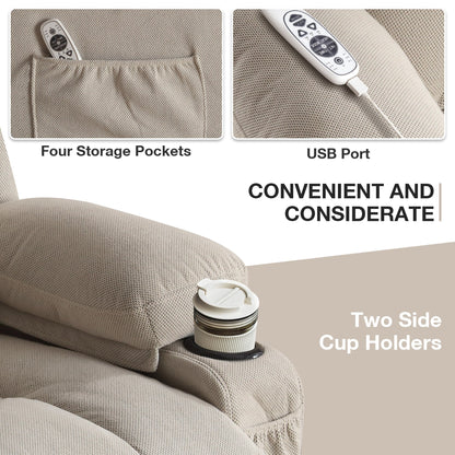 Beige Electric Recliner Lift Chair with Heating, Massage, USB Port, Side Pockets, and Convenient Remote Control
