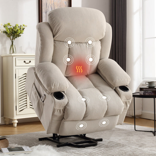 Beige Electric Recliner Lift Chair with Heating, Massage, USB Port, Side Pockets, and Handy Remote Control