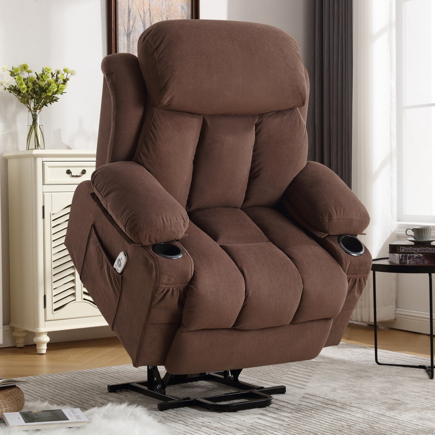 Beige Electric Recliner Lift Chair with Heating, Massage, USB Port, Side Pockets, and Handy Remote Control