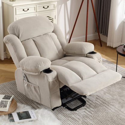 Beige Electric Recliner Lift Chair with Heating, Massage, USB Port, Side Pockets, and Handy Remote Control