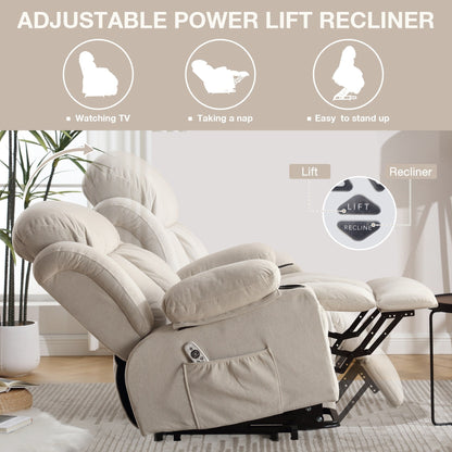 Beige Electric Recliner Lift Chair with Heating, Massage, USB Port, Side Pockets, and Handy Remote Control