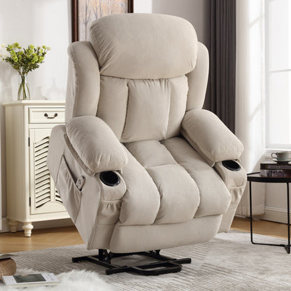 Beige Ergonomic Lift Recliner with Heated Massage, USB Charging, Side Pockets, and Easy Remote Control