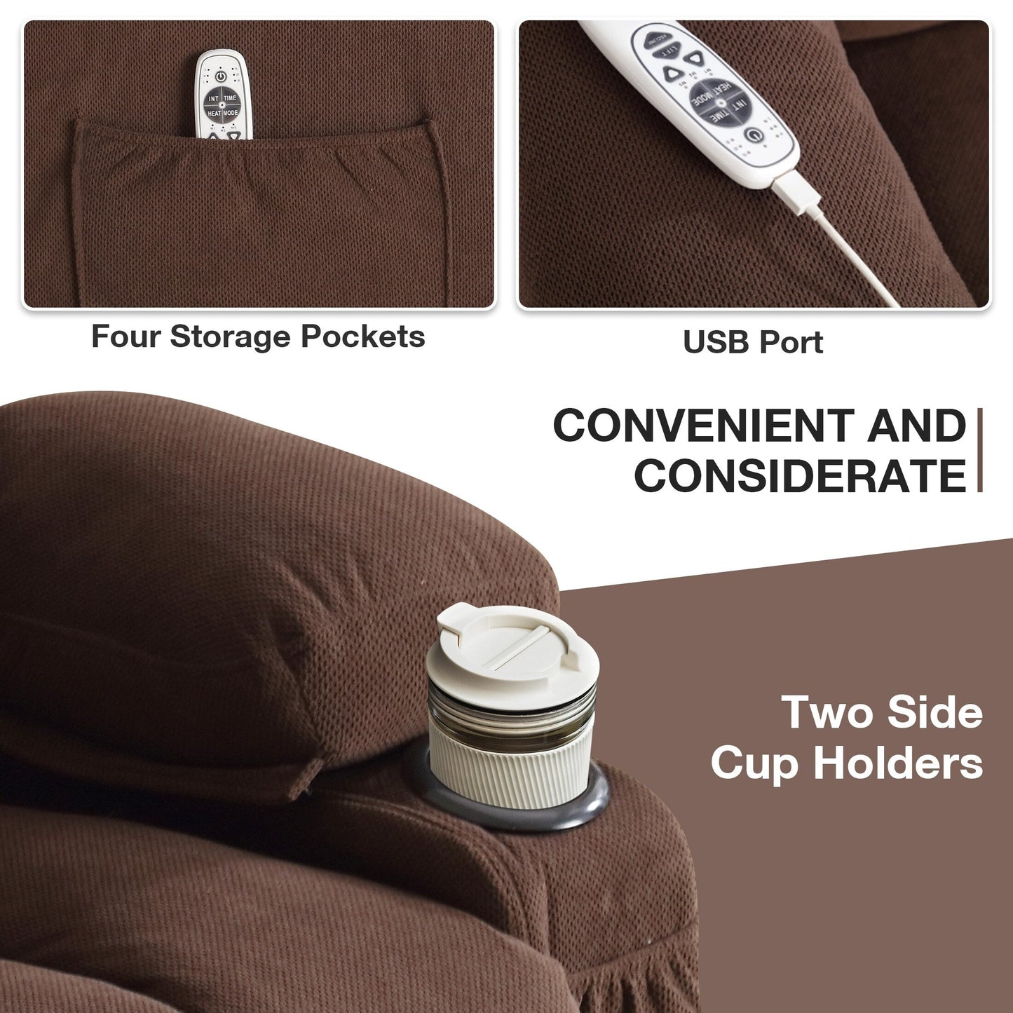 Beige Ergonomic Lift Recliner with Heated Massage, USB Charging, Side Pockets, and Easy Remote Control