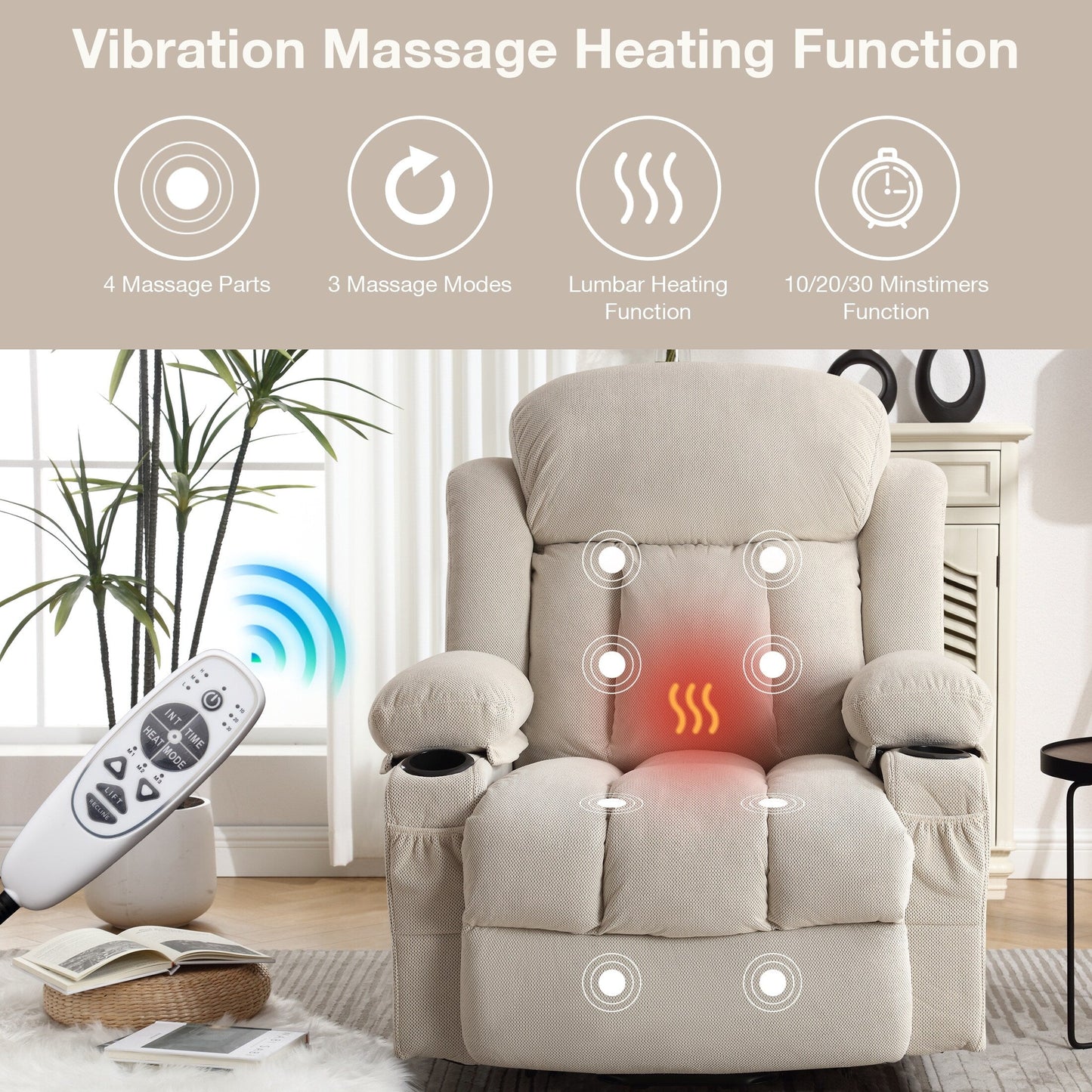 Beige Ergonomic Power Lift Recliner Chair with Heat, Massage, USB Charging, Side Pockets, and Remote Control