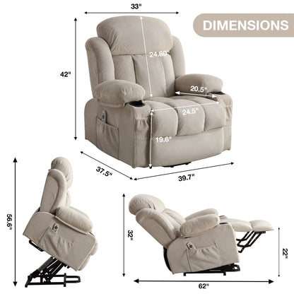 Beige Ergonomic Power Lift Recliner with Heat, Massage & USB Ports