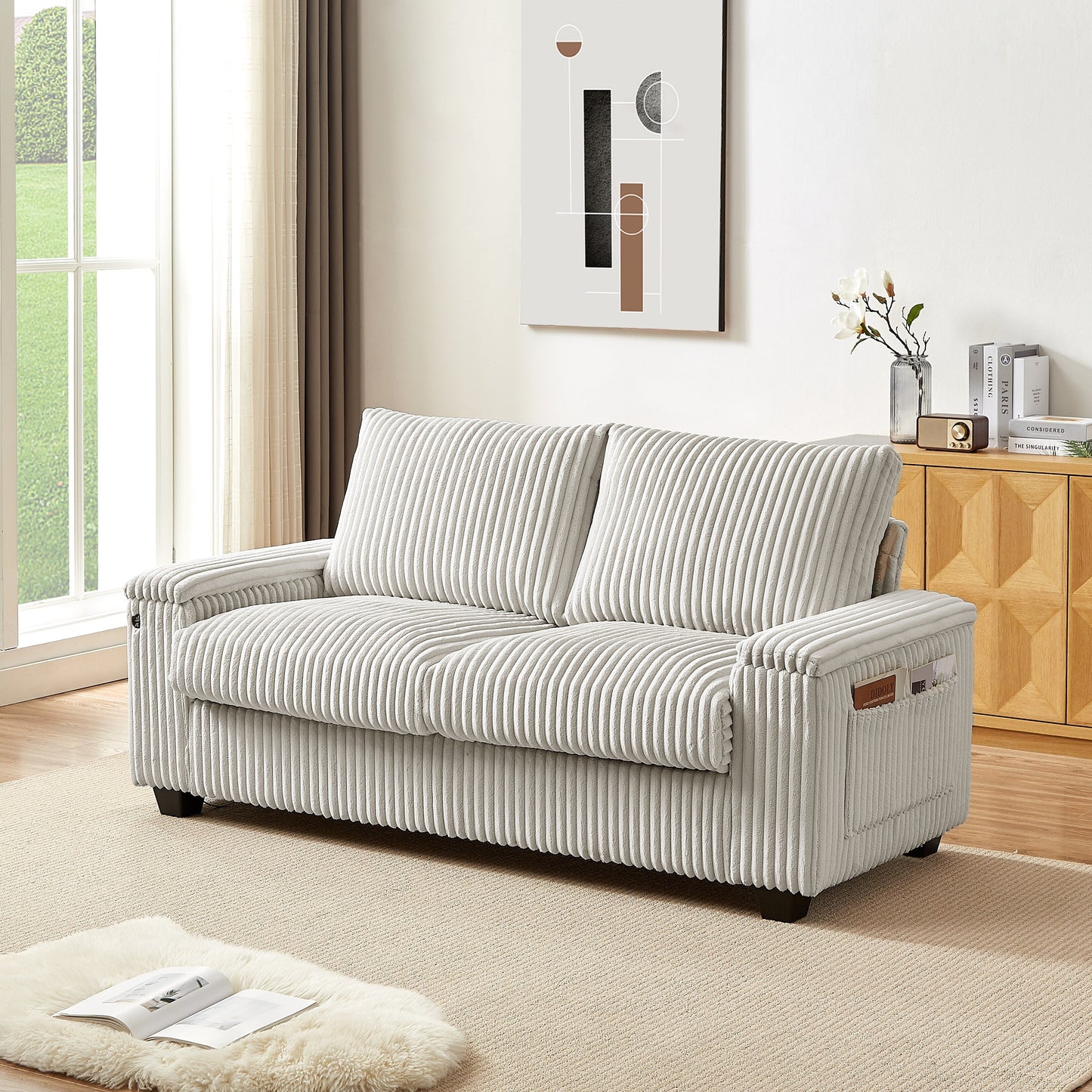 Beige Fabric Loveseat Sofa with Storage Armrest and USB