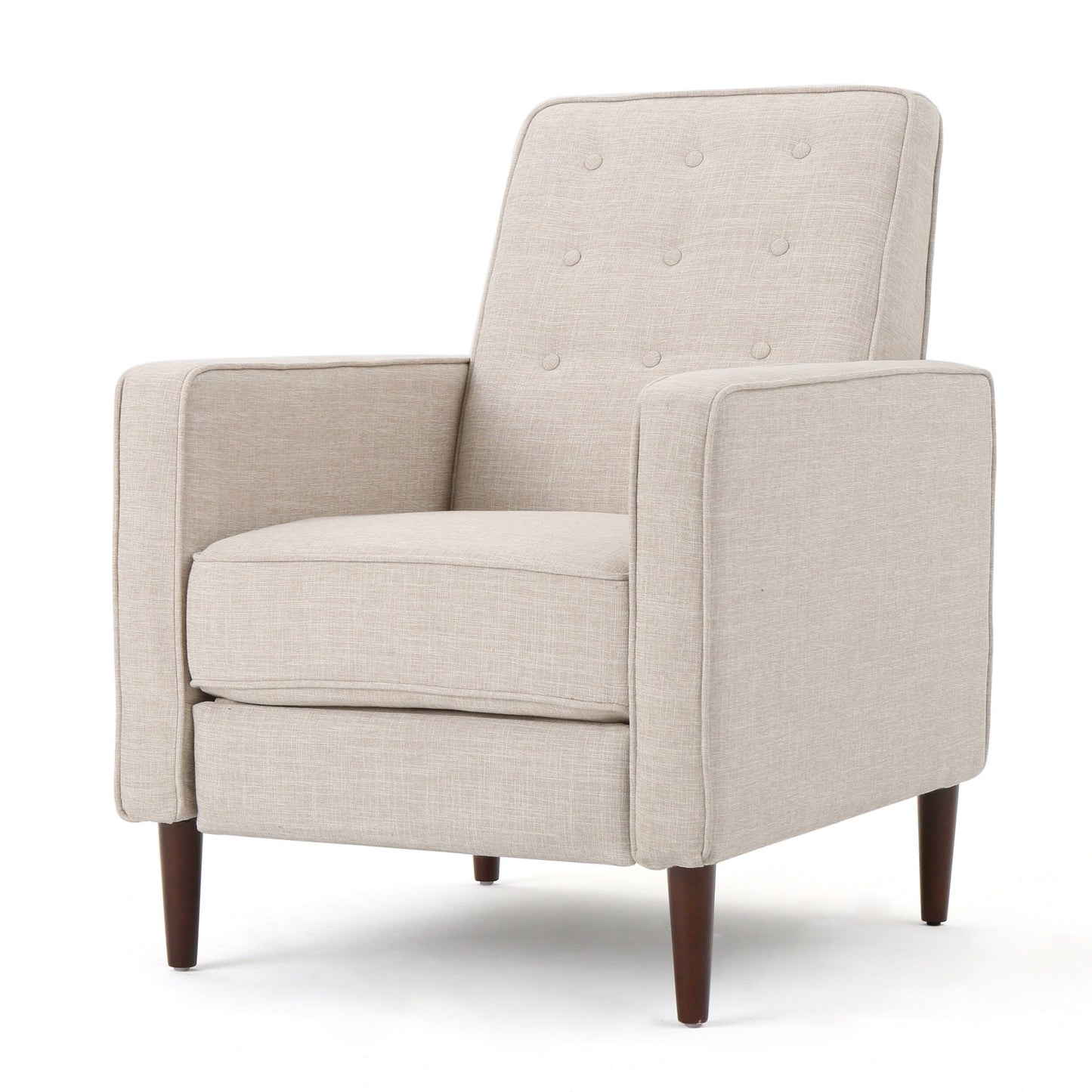 Beige Fabric Mid-Century Upholstered Push Back Recliner with Footrest, Button-tufted Backrest, Beech Wood Legs