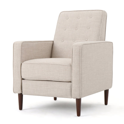 Beige Fabric Mid-Century Upholstered Push Back Recliner with Footrest, Button-tufted Backrest, Beech Wood Legs