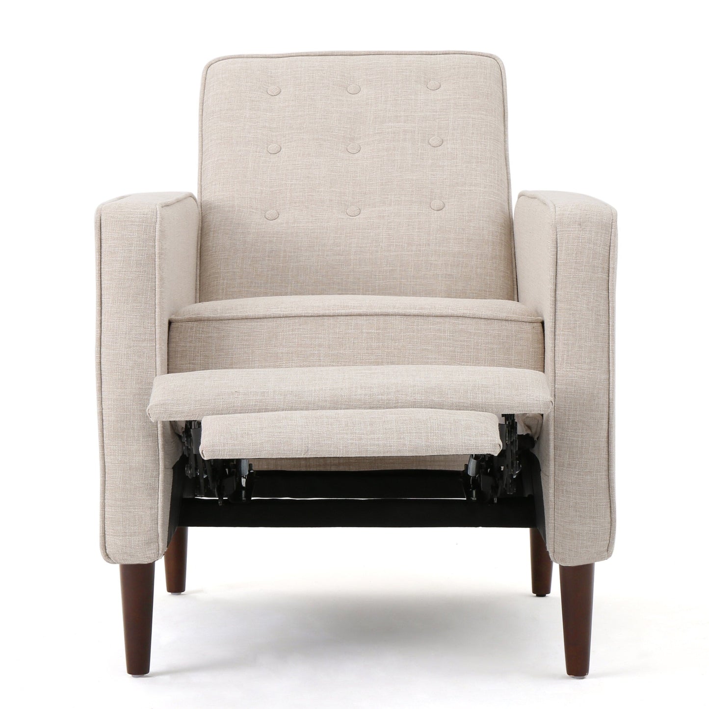 Beige Fabric Mid-Century Upholstered Push Back Recliner with Footrest, Button-tufted Backrest, Beech Wood Legs