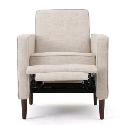 Beige Fabric Mid-Century Upholstered Push Back Recliner with Footrest, Button-tufted Backrest, Beech Wood Legs