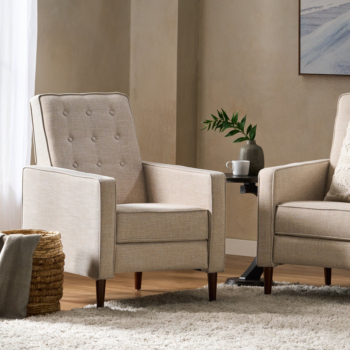 Beige Fabric Mid-Century Upholstered Push Back Recliner with Footrest, Button-tufted Backrest, Beech Wood Legs