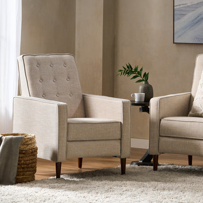 Beige Fabric Mid-Century Upholstered Push Back Recliner with Footrest, Button-tufted Backrest, Beech Wood Legs