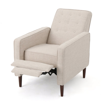 Beige Fabric Mid-Century Upholstered Push Back Recliner with Footrest, Button-tufted Backrest, Beech Wood Legs