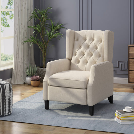 Beige Fabric Mid-Century Wingback Push-Back Recliner with Footrest, Button-Tufted Backrest