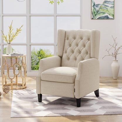 Beige Fabric Mid-Century Wingback Push-Back Recliner with Footrest, Button-Tufted Backrest