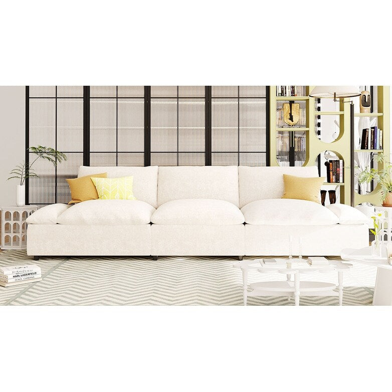 Beige Large Polyester 3-seater Sofa with Storage Units