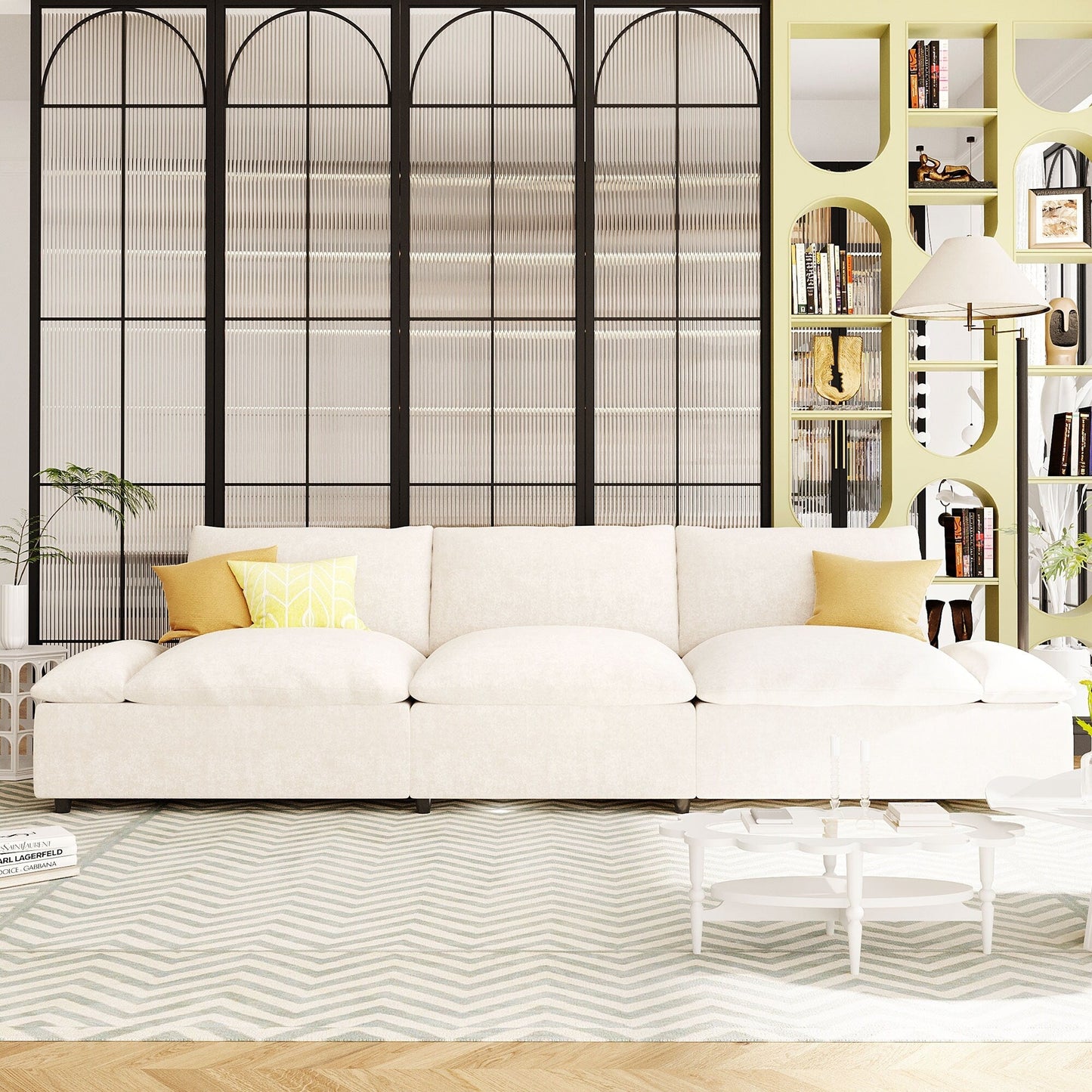 Beige Large Polyester 3-seater Sofa with Storage Units