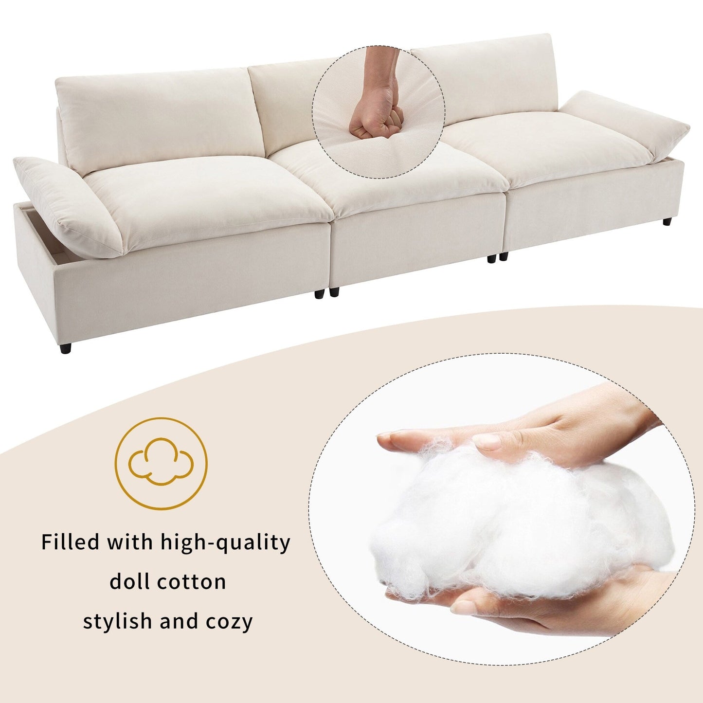Beige Large Polyester 3-seater Sofa with Storage Units