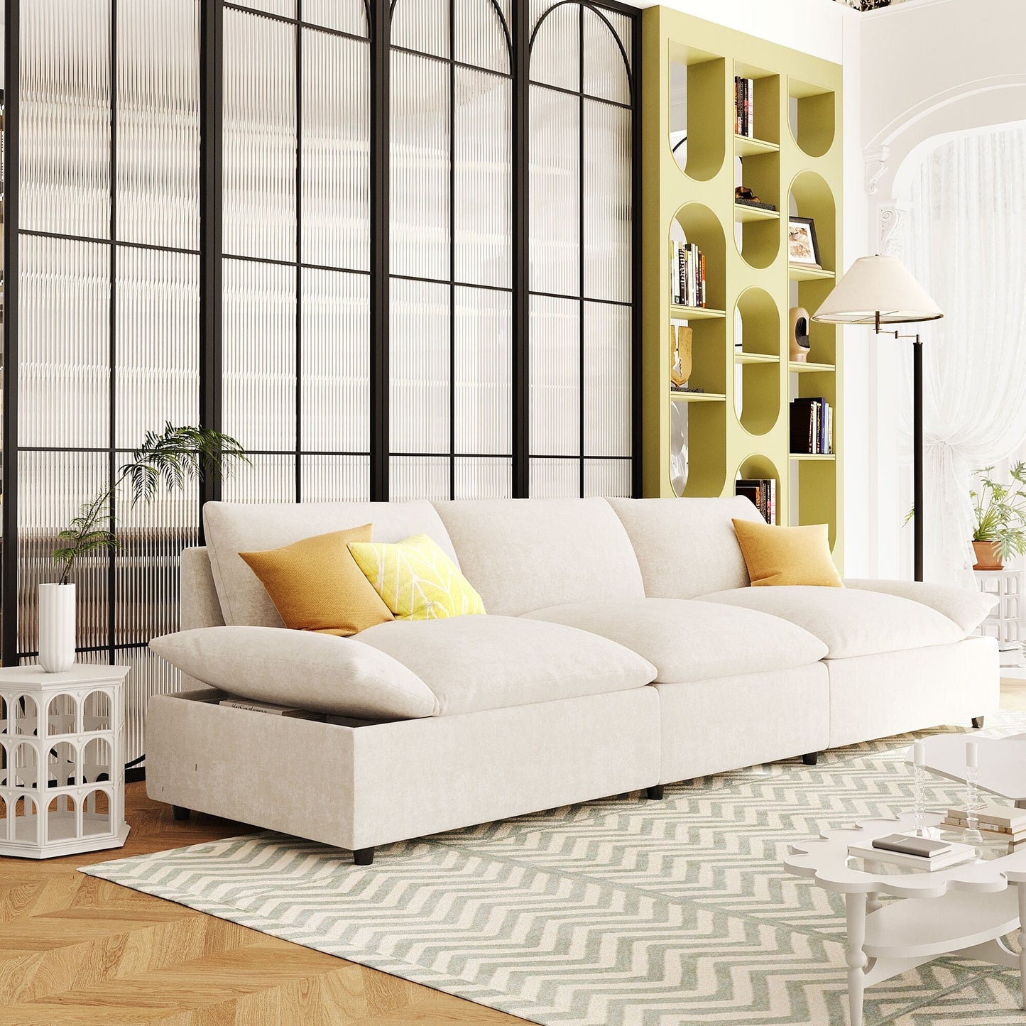 Beige Large Polyester 3-seater Sofa with Storage Units