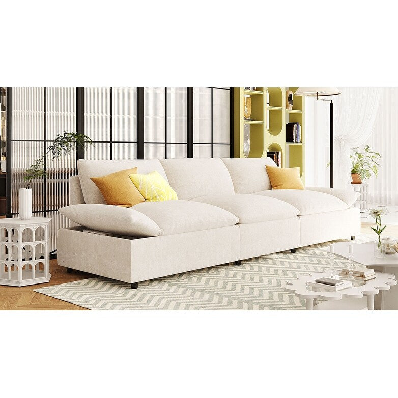 Beige Large Polyester 3-seater Sofa with Storage Units