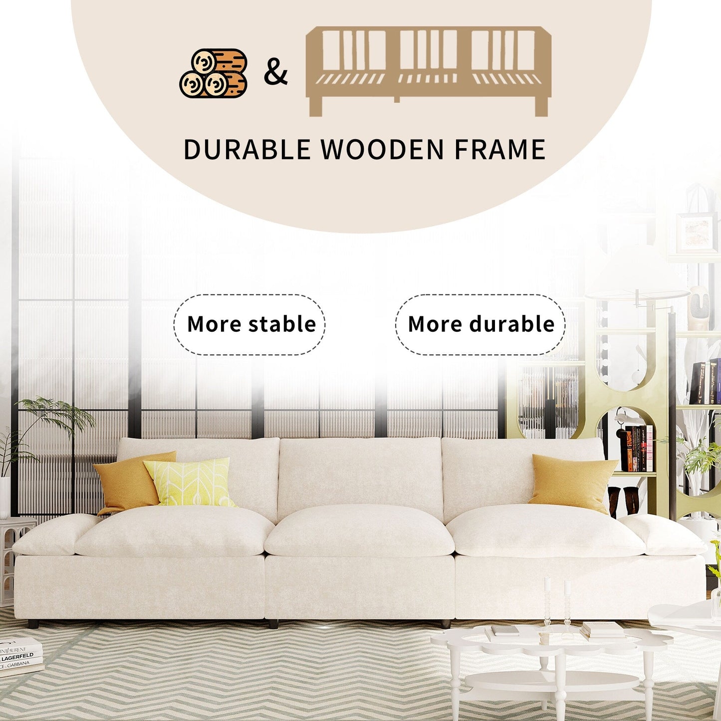 Beige Large Polyester 3-seater Sofa with Storage Units