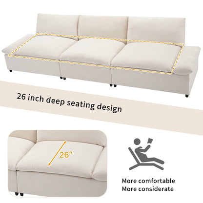 Beige Large Polyester 3-seater Sofa with Storage Units