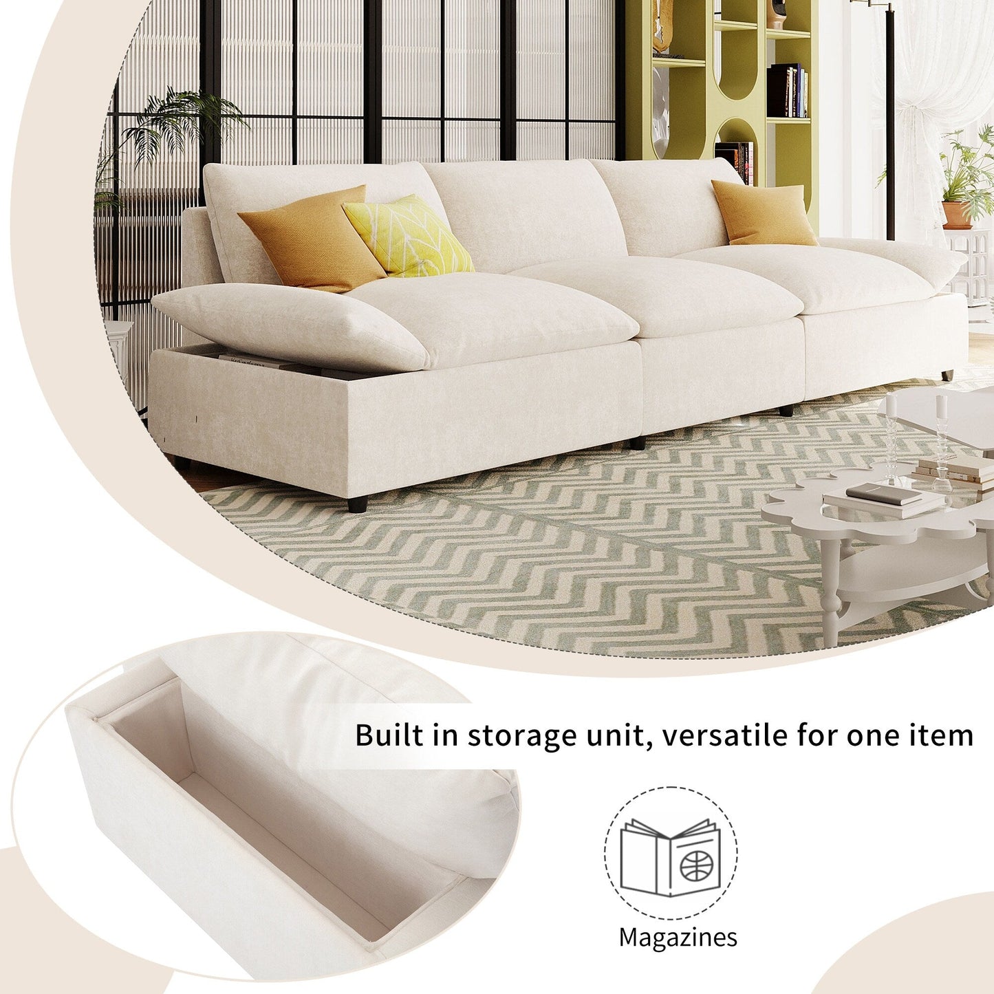 Beige Large Polyester 3-seater Sofa with Storage Units