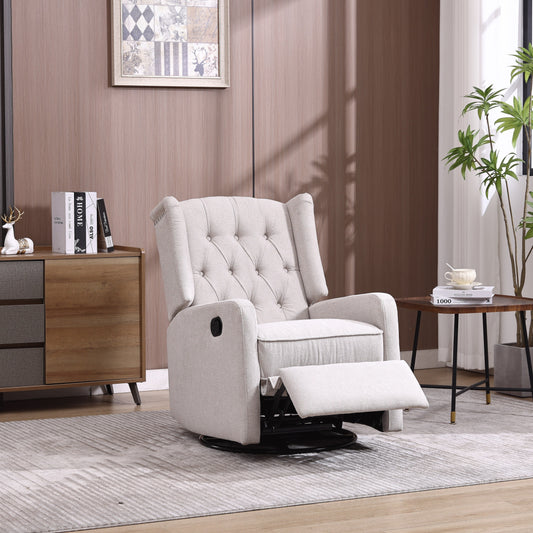 Beige Linen 360Â° Swivel Glider Rocker Manual Recliner with Button-tufted Backrest and Footrest for Living Room, Bedroom