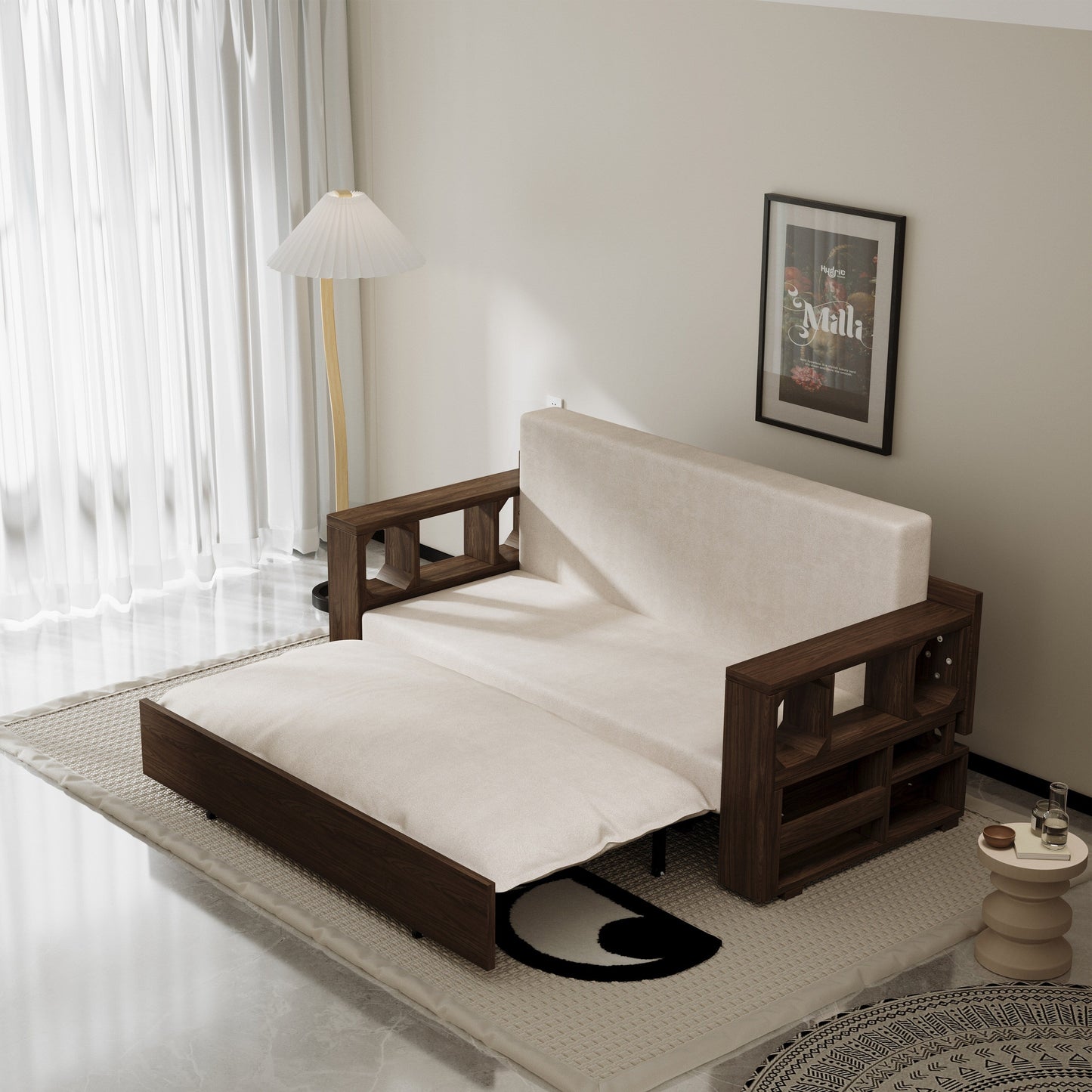 Beige Loveseat Convertible Sofa Bed with Storage