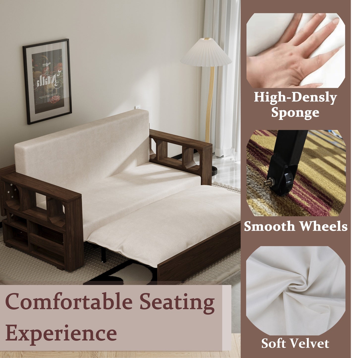 Beige Loveseat Convertible Sofa Bed with Storage