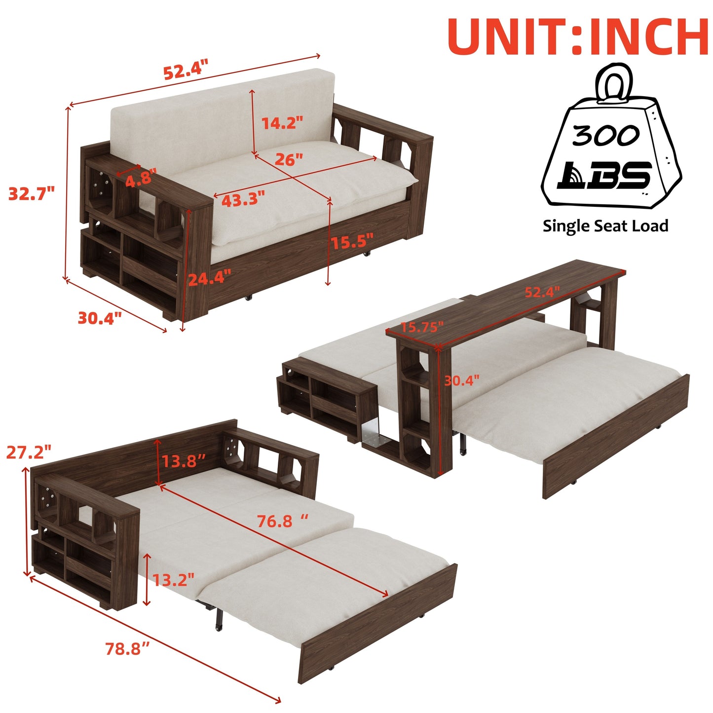 Beige Loveseat Convertible Sofa Bed with Storage