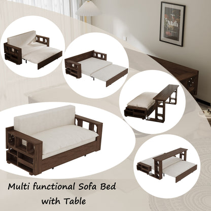 Beige Loveseat Convertible Sofa Bed with Storage