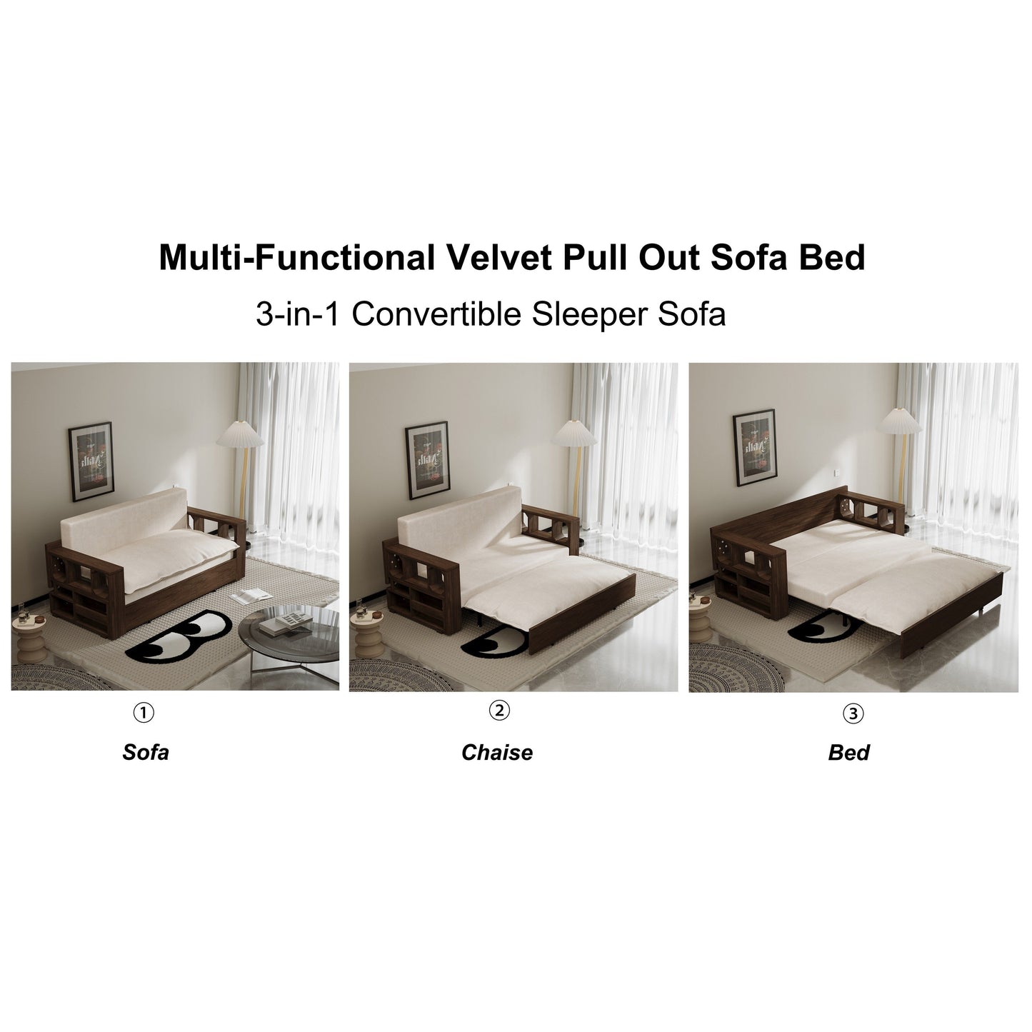 Beige Loveseat Convertible Sofa Bed with Storage