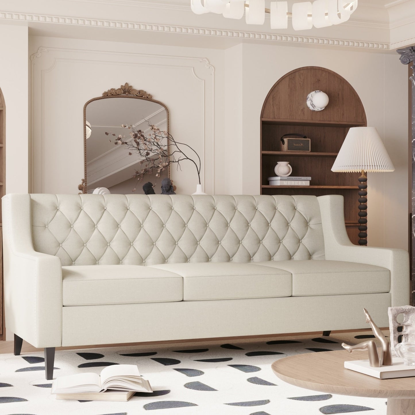 Beige Mid Century Modern 78.75 Polyester 3-seater Sofa with Button Tufted Backrest and Comfy Cushion for Living Room