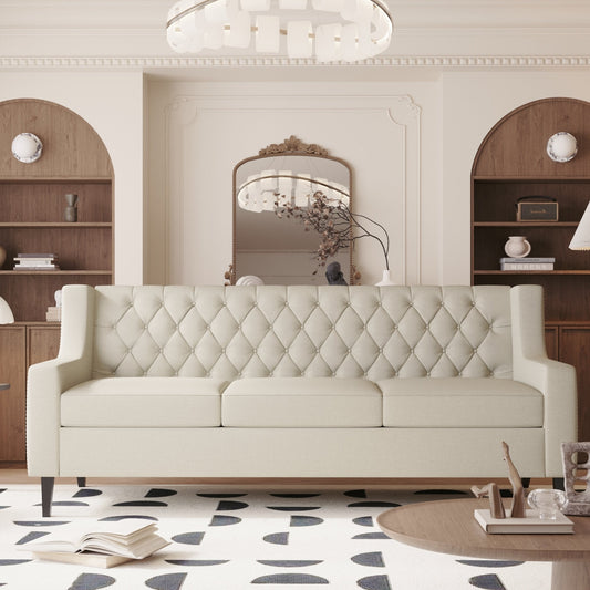 Beige Mid Century Modern 78.75 Polyester 3-seater Sofa with Button Tufted Backrest and Comfy Cushion for Living Room
