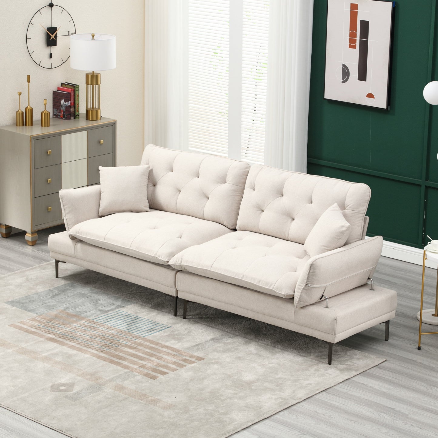 Beige Modern 102.36 Linen Loveseat Sofa with Adjustable Armrests and Tufted Cushions for Living Room